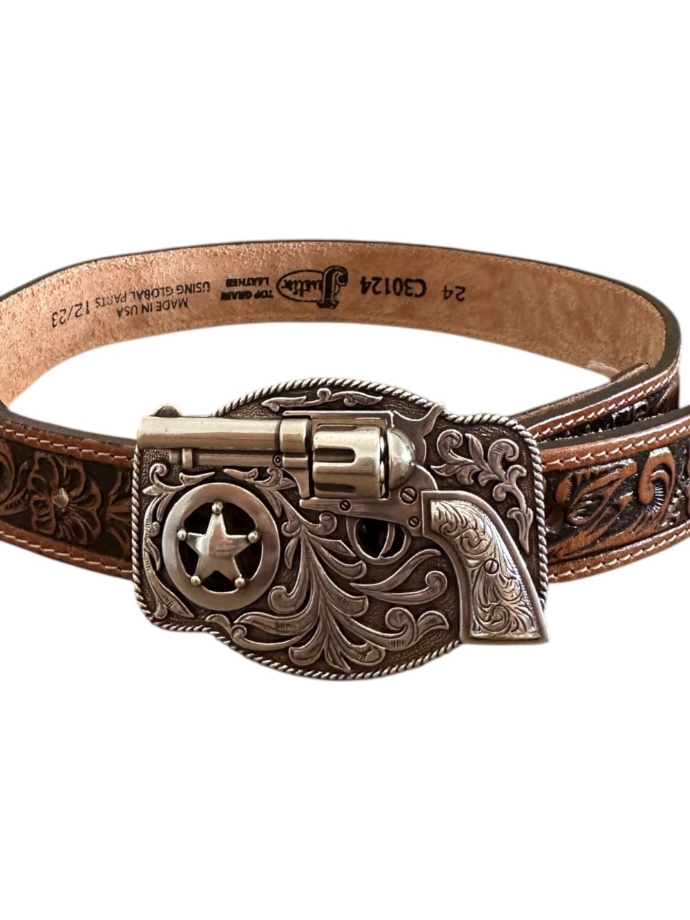 Justin Boots Tan Tooled Leather Belt with Silver Revolver Buckle.